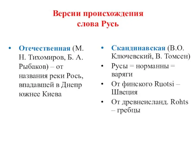 Версии происхождения слова Русь Отечественная (М. Н. Тихомиров, Б. А. Рыбаков)