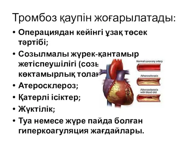 Тромбоз қаупін жоғарылатады: Операциядан кейінгі ұзақ төсек тәртібі; Созылмалы жүрек-қантамыр жетіспеушілігі