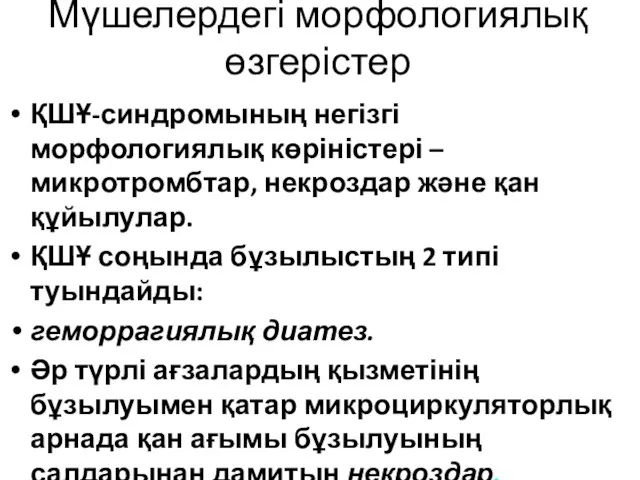 Мүшелердегі морфологиялық өзгерістер ҚШҰ-синдромының негізгі морфологиялық көріністері – микротромбтар, некроздар және