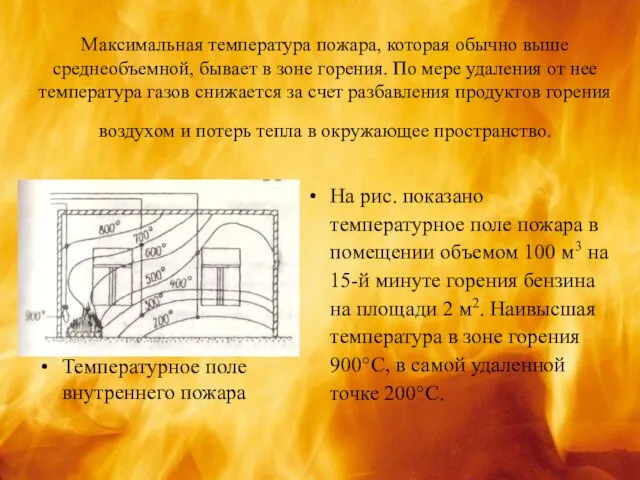 Максимальная температура пожара, которая обычно выше среднеобъемной, бывает в зоне горения.