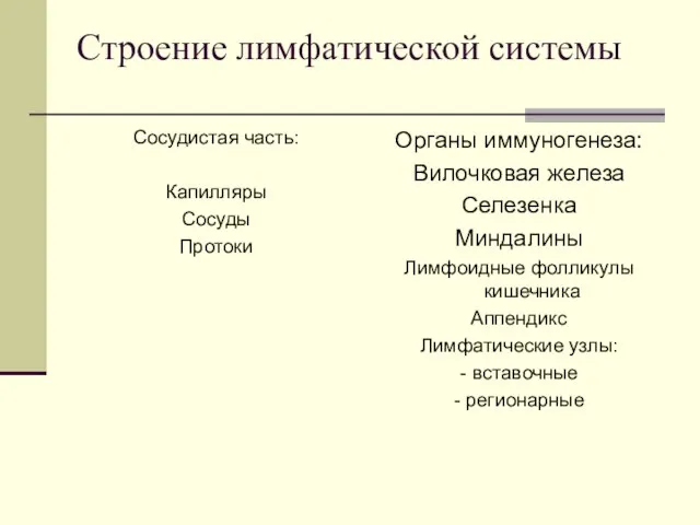 Строение лимфатической системы Сосудистая часть: Капилляры Сосуды Протоки Органы иммуногенеза: Вилочковая