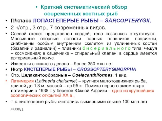 Краткий систематический обзор современных костных рыб П/класс ЛОПАСТЕПЕРЫЕ РЫБЫ – SARCOPTERYGII,