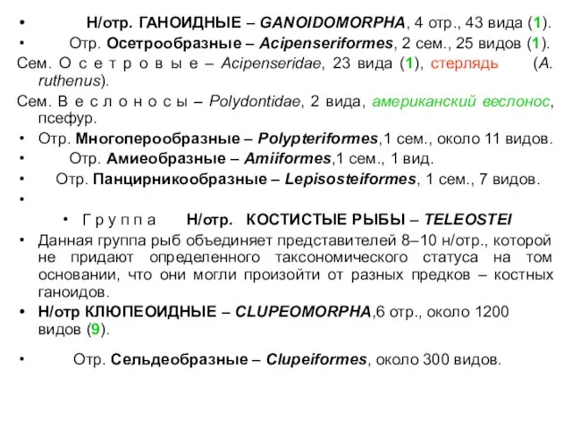 Н/отр. ГАНОИДНЫЕ – GANOIDOMORPHA, 4 отр., 43 вида (1). Отр. Осетрообразные