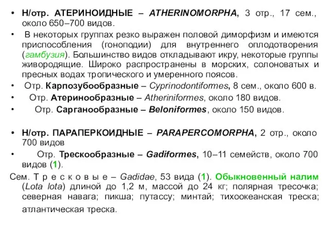 Н/отр. АТЕРИНОИДНЫЕ – ATHERINOMORPHA, 3 отр., 17 сем., около 650–700 видов.