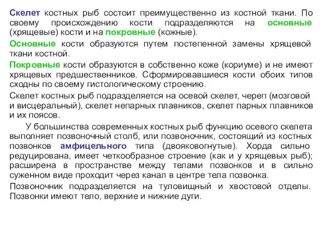 Скелет костных рыб состоит преимущественно из костной ткани. По своему происхождению