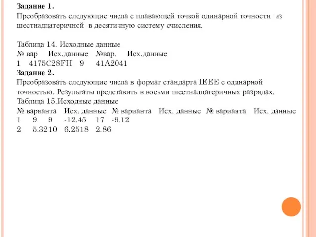 Задание 1. Преобразовать следующие числа с плавающей точкой одинарной точности из