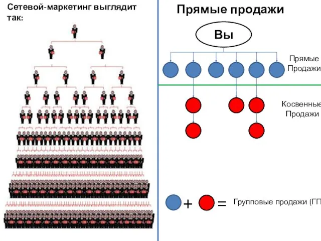 Сетевой-маркетинг выглядит так: Прямые продажи Вы + = Групповые продажи (ГП) Прямые Продажи Косвенные Продажи