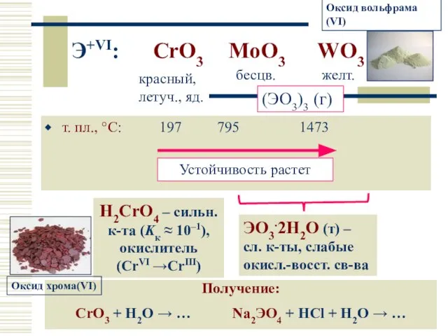 Э+VI: CrO3 MoO3 WO3 т. пл., °С: 197 795 1473 красный,