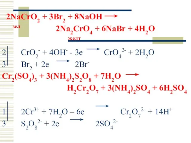 2NaCrO2 + 3Br2 + 8NaOH зел 2Na2CrO4 + 6NaBr + 4H2O