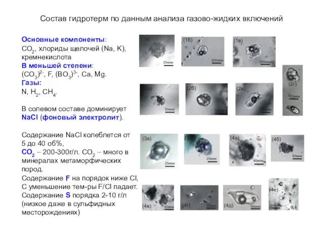 Состав гидротерм по данным анализа газово-жидких включений Основные компоненты: СО2, хлориды
