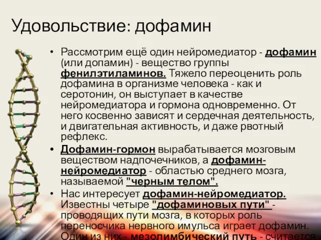 Удовольствие: дофамин Рассмотрим ещё один нейромедиатор - дофамин (или допамин) -