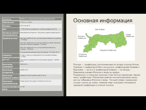 Основная информация Тоттори — префектура, расположенная на западе острова Хонсю. Граничит