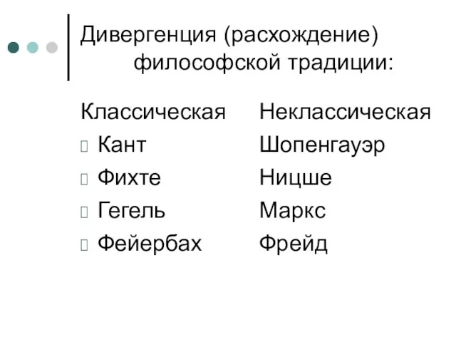 Дивергенция (расхождение) философской традиции: Классическая Кант Фихте Гегель Фейербах Неклассическая Шопенгауэр Ницше Маркс Фрейд