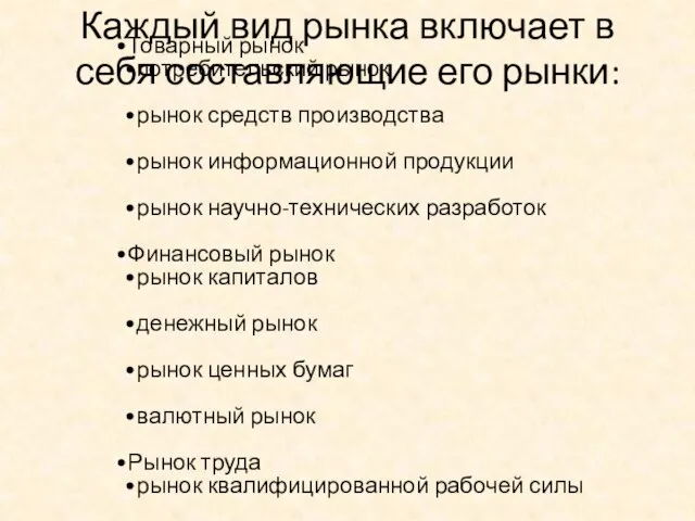 Каждый вид рынка включает в себя составляющие его рынки: Товарный рынок