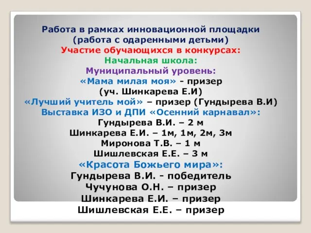 Работа в рамках инновационной площадки (работа с одаренными детьми) Участие обучающихся