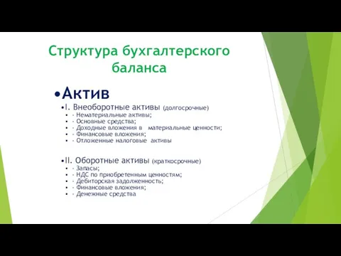 Структура бухгалтерского баланса Актив I. Внеоборотные активы (долгосрочные) - Нематериальные активы;