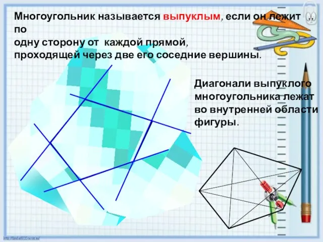 Многоугольник называется выпуклым, если он лежит по одну сторону от каждой