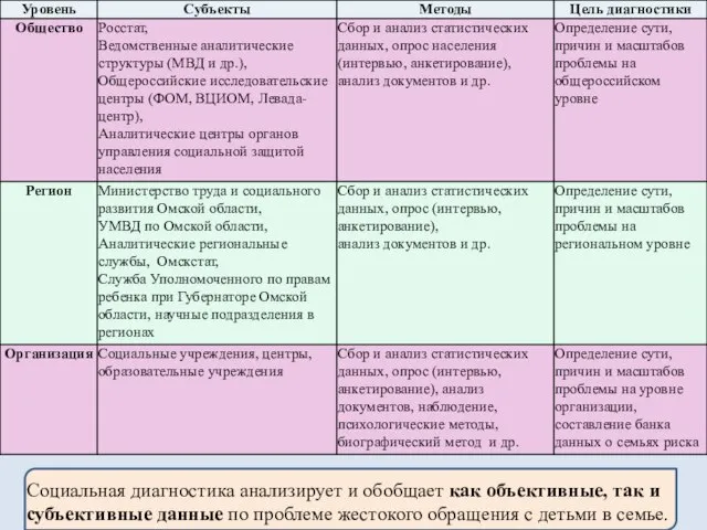 Социальная диагностика анализирует и обобщает как объективные, так и субъективные данные