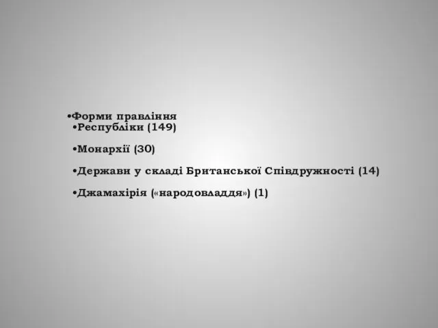 Форми правління Республіки (149) Монархії (30) Держави у складі Британської Співдружності (14) Джамахірія («народовладдя») (1)