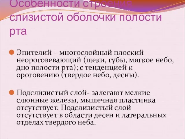 Особенности строения слизистой оболочки полости рта Эпителий – многослойный плоский неороговевающий