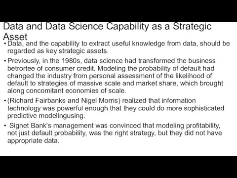 Data and Data Science Capability as a Strategic Asset Data, and