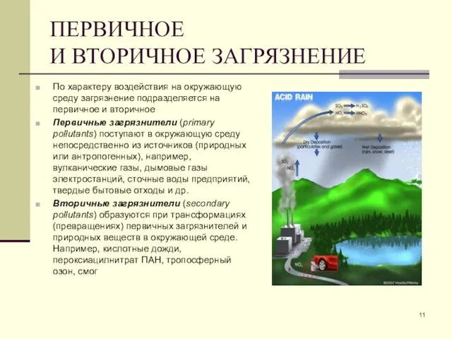 ПЕРВИЧНОЕ И ВТОРИЧНОЕ ЗАГРЯЗНЕНИЕ По характеру воздействия на окружающую среду загрязнение