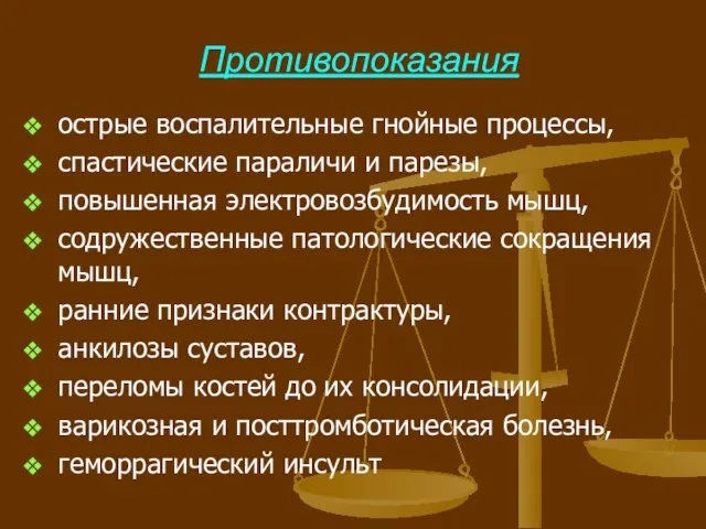 Противопоказания острые воспалительные гнойные процессы, спастические параличи и парезы, повышенная электровозбудимость