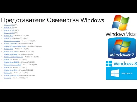 Представители Семейства Windows NT Windows NT 3.1 (1993) Windows NT 3.5