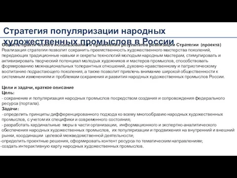 Область практического использования и применения результатов реализации Стратегии (проекта) Реализация стратегии