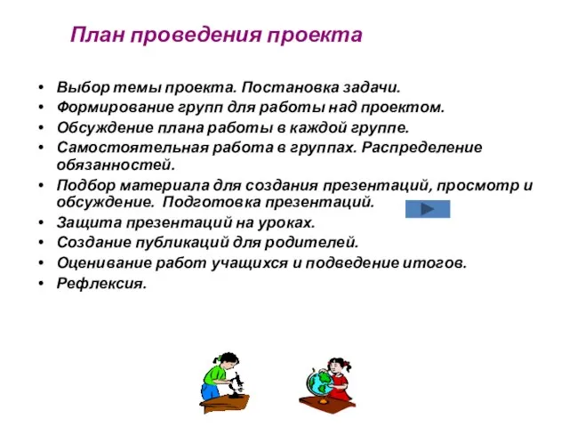 План проведения проекта Выбор темы проекта. Постановка задачи. Формирование групп для