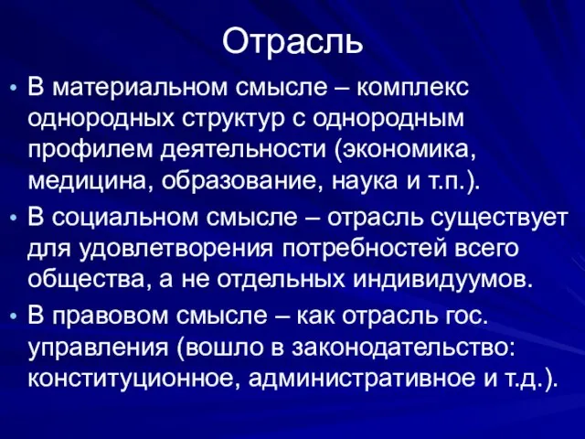 Отрасль В материальном смысле – комплекс однородных структур с однородным профилем