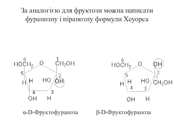 За аналогією для фруктози можна написати фуранозну і піранозну формули Хеуорса α-D-Фруктофураноза β-D-Фруктофураноза