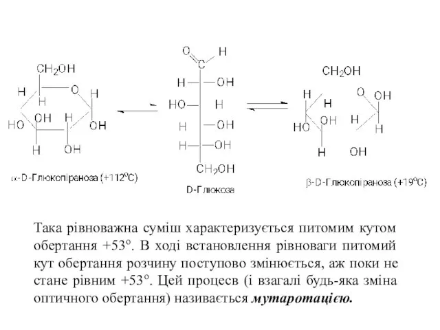 Така рівноважна суміш характеризується питомим кутом обертання +53о. В ході встановлення