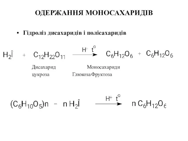 ОДЕРЖАННЯ МОНОСАХАРИДІВ Гідроліз дисахаридів і полісахаридів Дисахарид Моносахариди цукроза Глюкоза Фруктоза