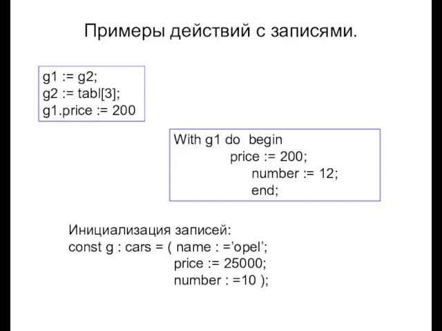 Луковкин С.Б. МГТУ. Примеры действий с записями. g1 := g2; g2