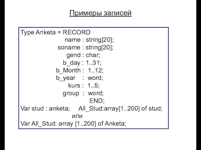 Луковкин С.Б. МГТУ. Примеры записей Type Anketa = RECORD name :