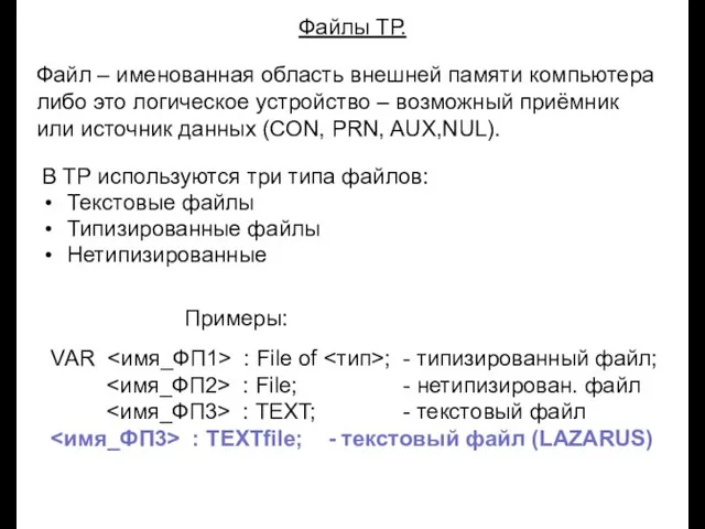 Луковкин С.Б. МГТУ. Файлы ТР. В ТР используются три типа файлов: