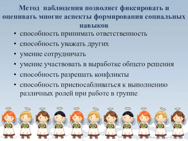 Метод наблюдения позволяет фиксировать и оценивать многие аспекты формирования социальных навыков