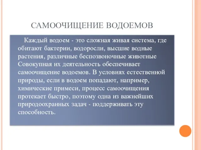 САМООЧИЩЕНИЕ ВОДОЕМОВ Каждый водоем - это сложная живая система, где обитают