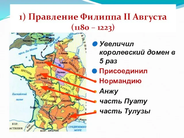 1) Правление Филиппа II Августа (1180 – 1223) Увеличил королевский домен