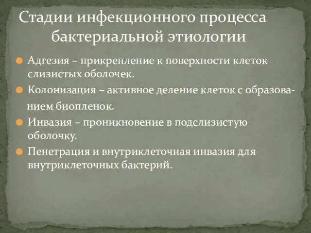 Адгезия – прикрепление к поверхности клеток слизистых оболочек. Колонизация – активное