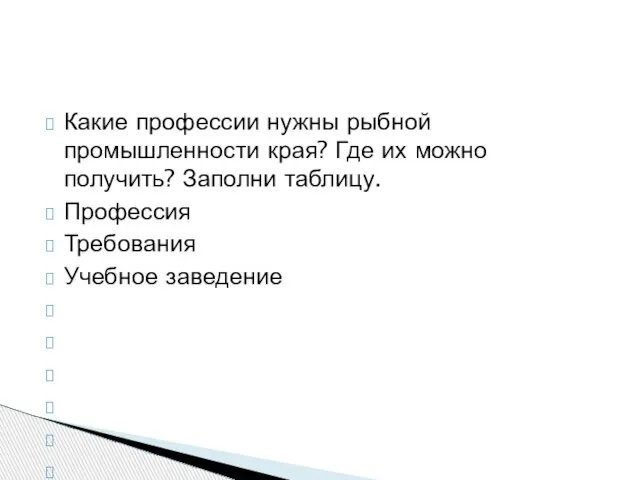 Какие профессии нужны рыбной промышленности края? Где их можно получить? Заполни таблицу. Профессия Требования Учебное заведение