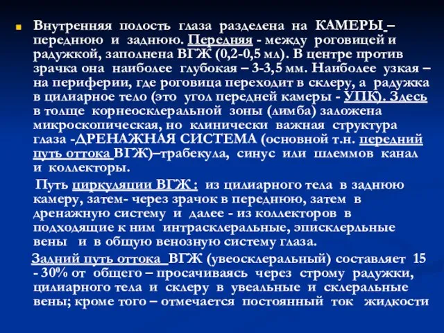 Внутренняя полость глаза разделена на КАМЕРЫ – переднюю и заднюю. Передняя