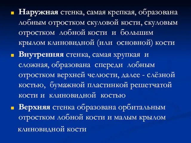 Наружная стенка, самая крепкая, образована лобным отростком скуловой кости, скуловым отростком