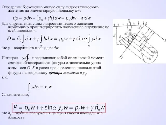 Определим бесконечно малую силу гидростатического давления на элементарную площадку dw: Для