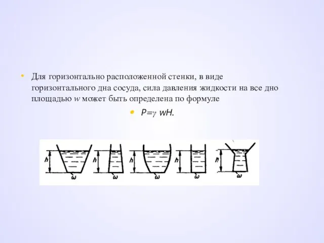 Для горизонтально расположенной стенки, в виде горизонтального дна сосуда, сила давления