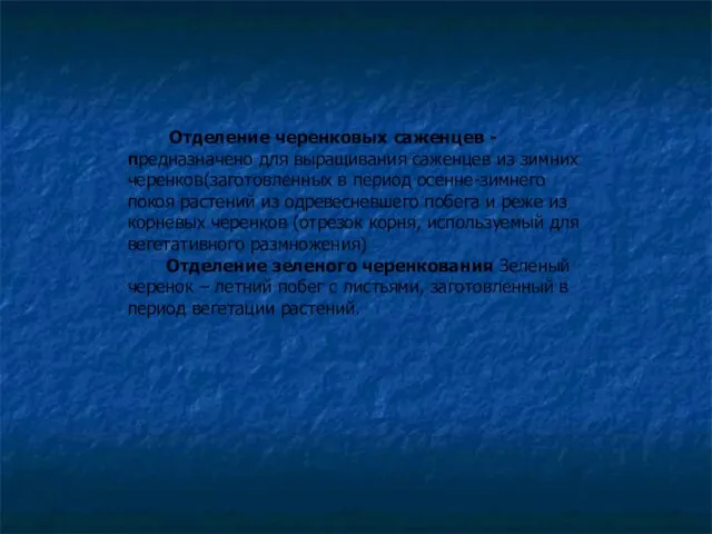 Отделение черенковых саженцев - предназначено для выращивания саженцев из зимних черенков(заготовленных