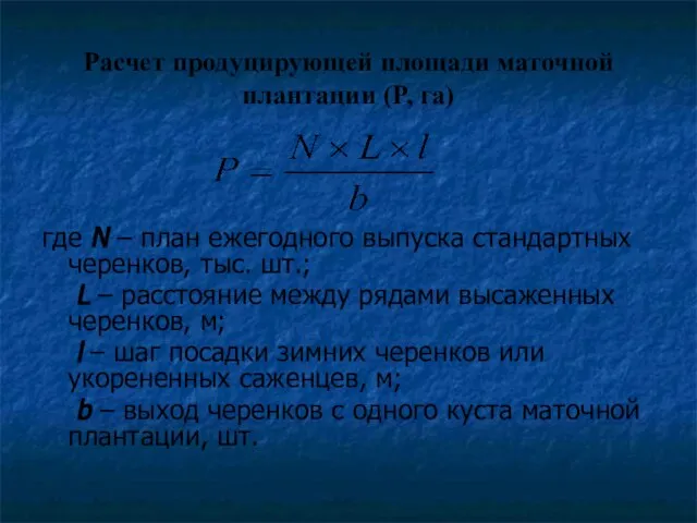 Расчет продуцирующей площади маточной плантации (P, га) где N – план