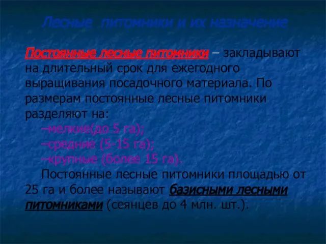 Постоянные лесные питомники – закладывают на длительный срок для ежегодного выращивания