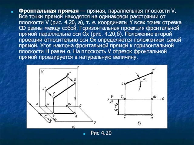 Фронтальная прямая — прямая, параллельная плоскости V. Все точки прямой находятся